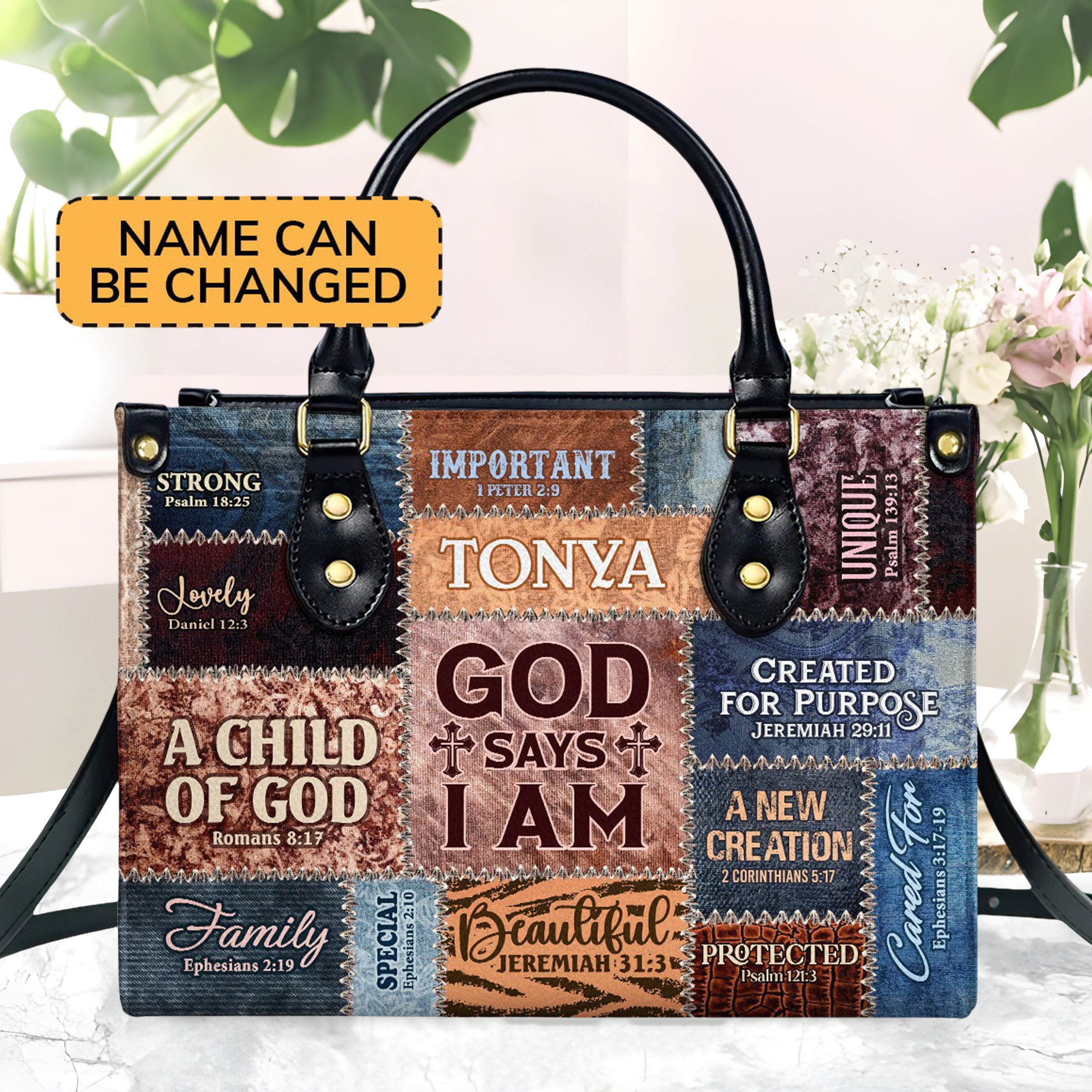 Personalized Christian Leather Handbag, God Says I Am Patchwork Scripture Handbag, Custom Name Religious Gift for Women BLAF22